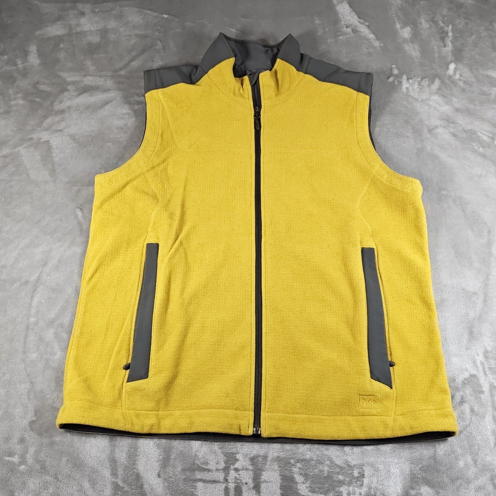 REI Fleece Vest Mens XL Yellow Gray Full Zip Outdoor Hiking Camping Zip Pocket